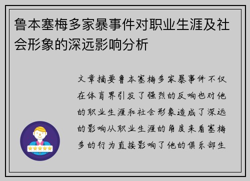 鲁本塞梅多家暴事件对职业生涯及社会形象的深远影响分析