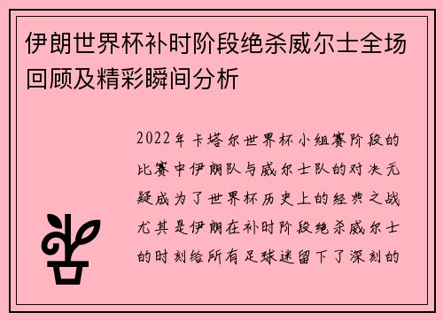 伊朗世界杯补时阶段绝杀威尔士全场回顾及精彩瞬间分析